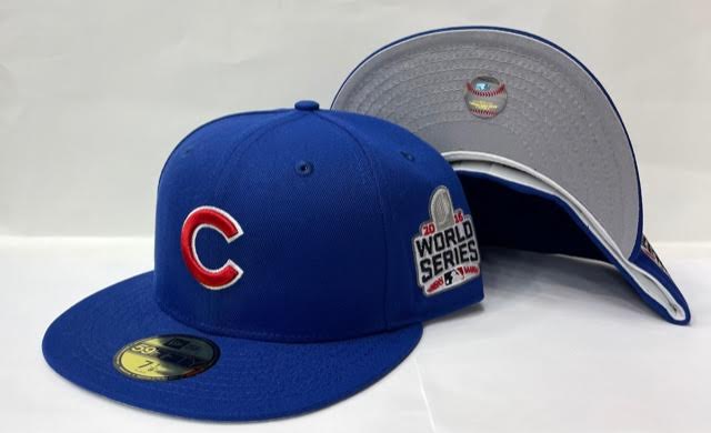 New Era Hat Chicago Cubs World Series 59Fifty with Side Patch Fitted Hat  Blue with Grey Under Brim